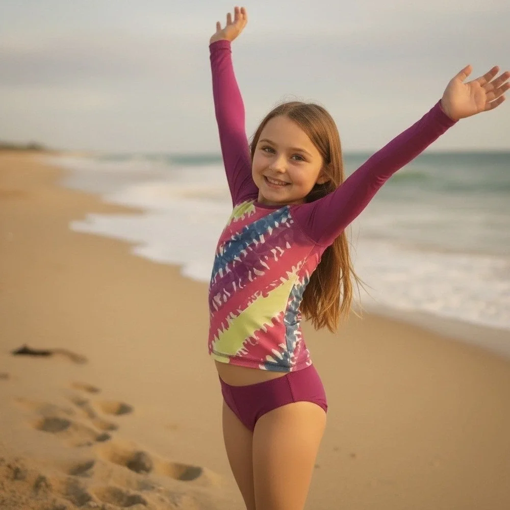 Lands' End 3 Piece Swim Set Girls Size 2T‎ Purple Geometric UPF 50 Quick Dry